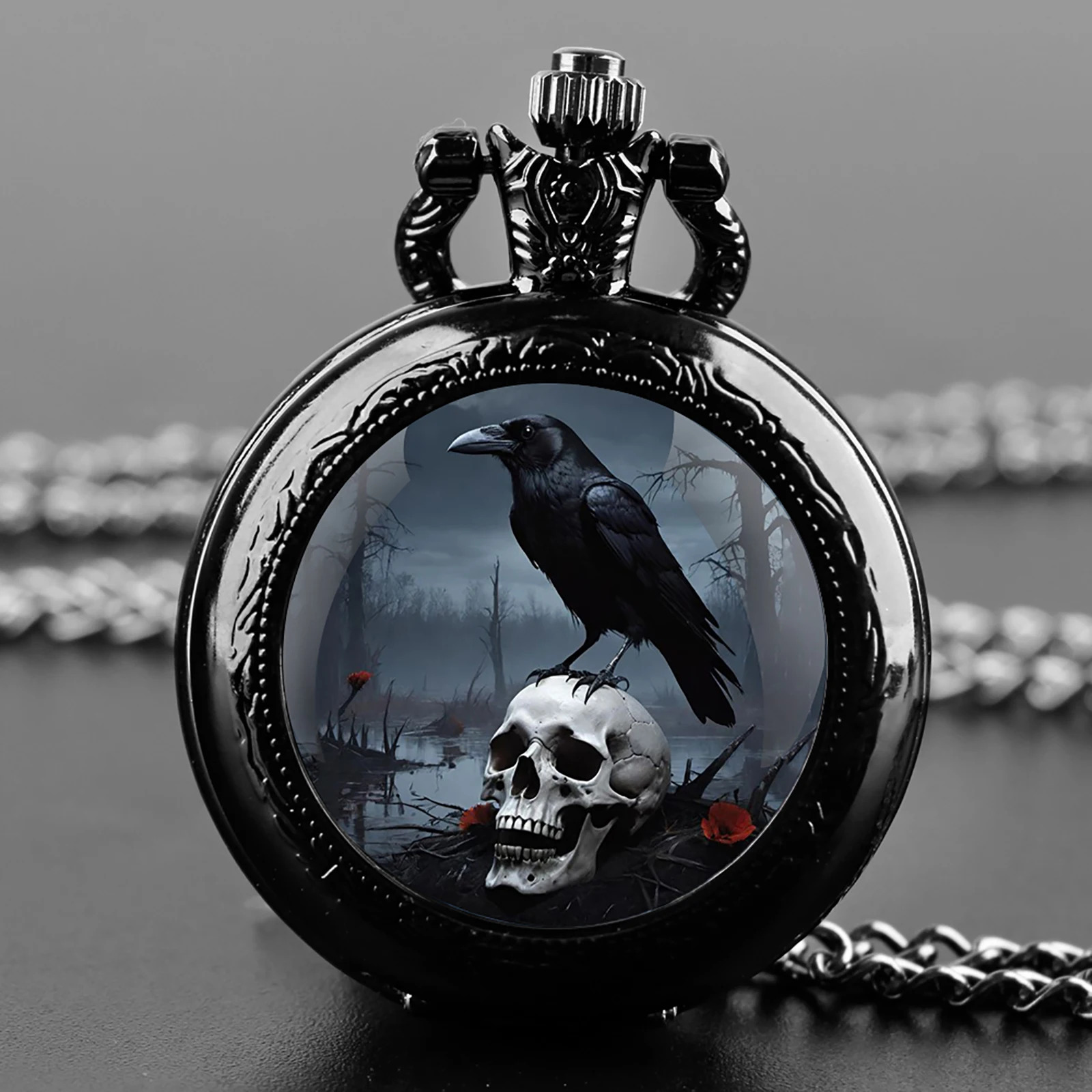 Skeleton Skull Crow Graphic Design Quartz Pocket Watch for Women Men Kids Necklace Unique Jewelry Pendant Clock Gift
