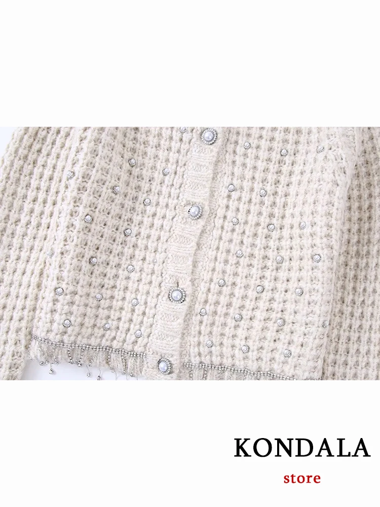 KONDALA Vintage Knitted Diamond Tassel Cardigans Women Long Sleeve Pearl Buttons Loose Sweaters Female Fashion 2022 Autumn Tops