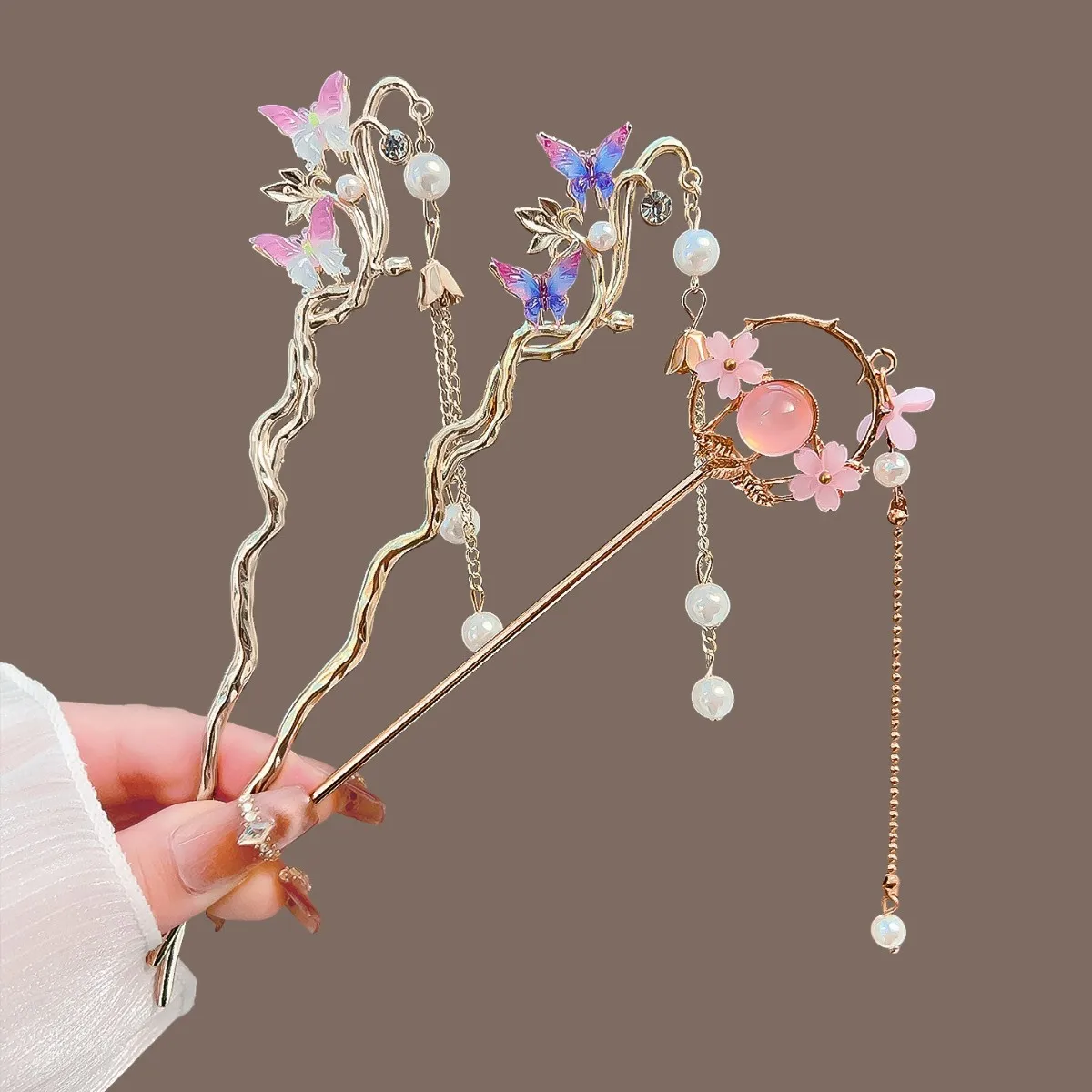 Ancient Simple Hairpins New Chinese Style Long Tassel Hair Sticks Elegant Flower Pearl Butterfly Designs Hair Accesoories image 3