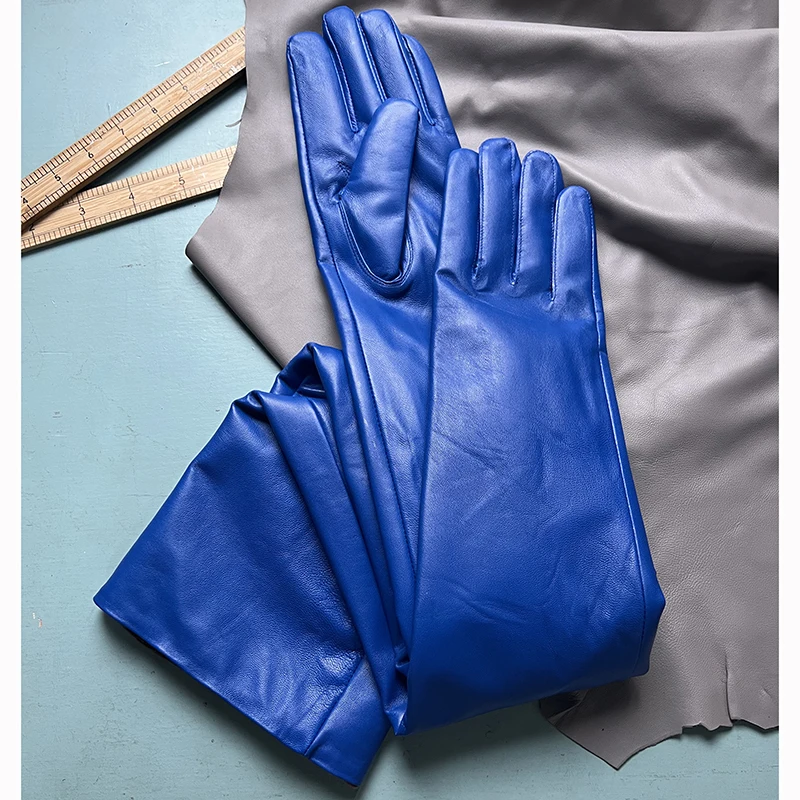 Ultramarine sheepskin gloves 50cm 60cn 70cm long over the elbow ladies stage performance photo long gloves men's same style