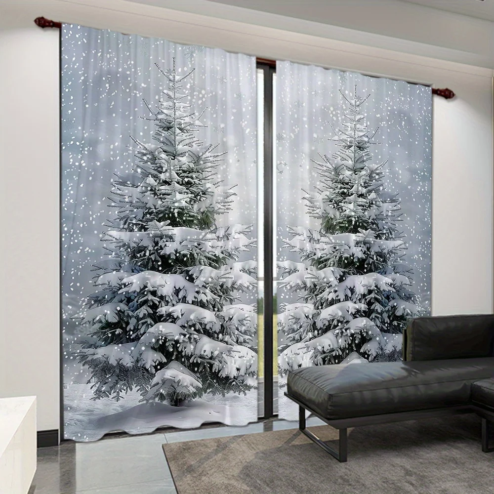Realistic Snowy Christmas Forest Curtain Backdrop for Holiday Home Decor Seasonal Window Curtain Panels