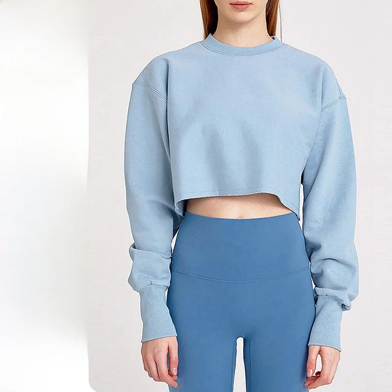 

Женская укороченная толстовка с капюшоном, с длинным рукавом, для йоги и фитнеса, спортивный топ из утолщенного органического хлопка, осенне-зимняя модная повседневная модель