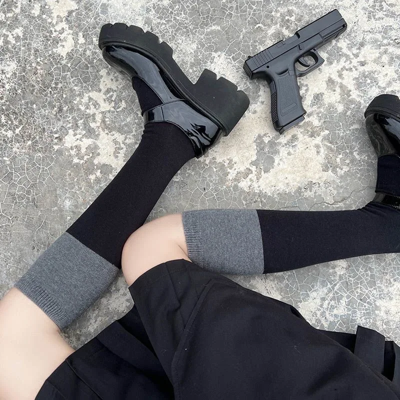 Women Warm Fashion Japanese Syle Cute Cool Lovely Black-Gray Black-Purple Spliced ​​Mid-Tube Over The Knee Half-Leg Long Socks