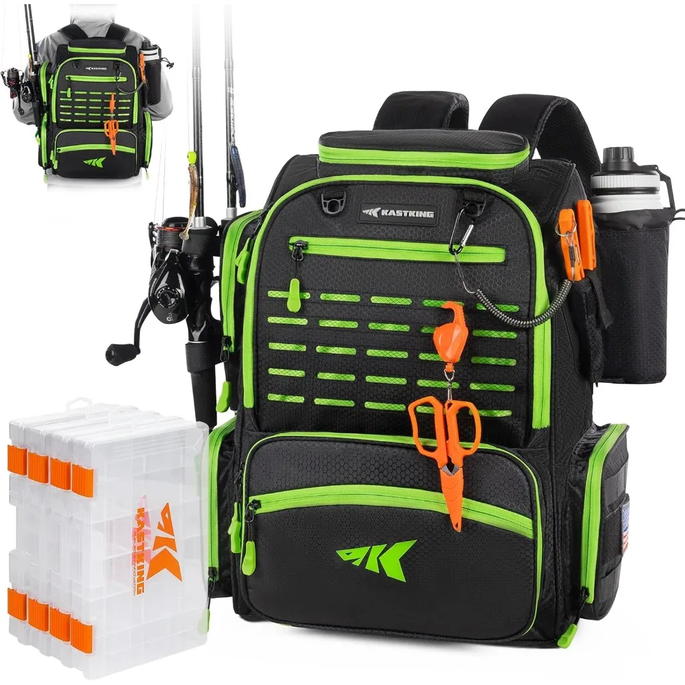 

Fishing Tackle Backpack with Rod Holders-4 Tackle Boxes-Rain Cover,45/43L Large Storage for Fishing Gear