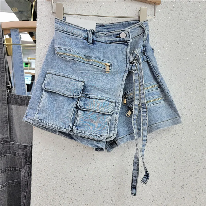 Korean Version Irregular Multi Pocket Workwear A-Line Shorts, Women's Loose Wide Leg Pants, Spring/Summer New Denim Skirt Pants