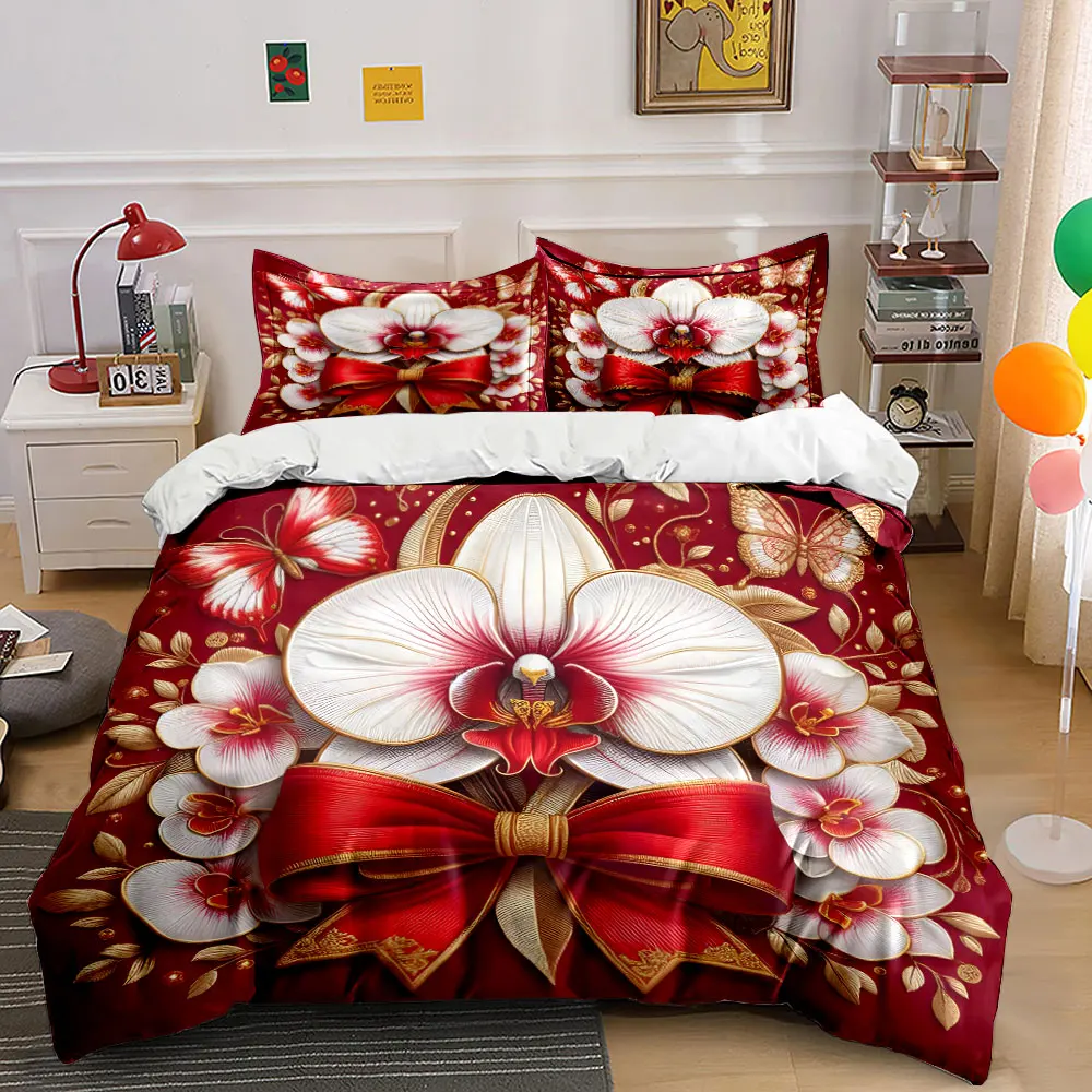 Red and White Orchids with Butterflies Print Bedding Set 1Duvet Cover 2 Pillowcases for Adult and Children Luxury Gift Full Size