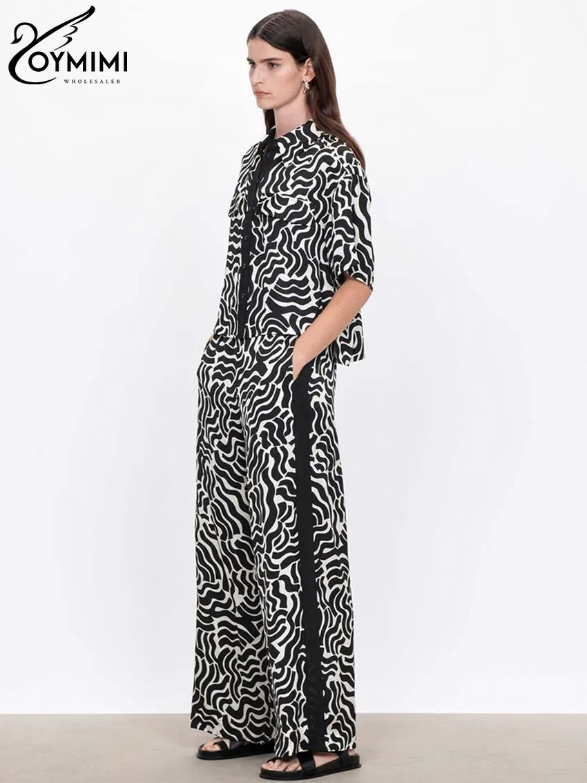 

Oymimi Elegant Black Print Sets Womens 2 Piece Fashion Lapel Half Sleeve Button Shirts And High Waist Straight Trousers Sets