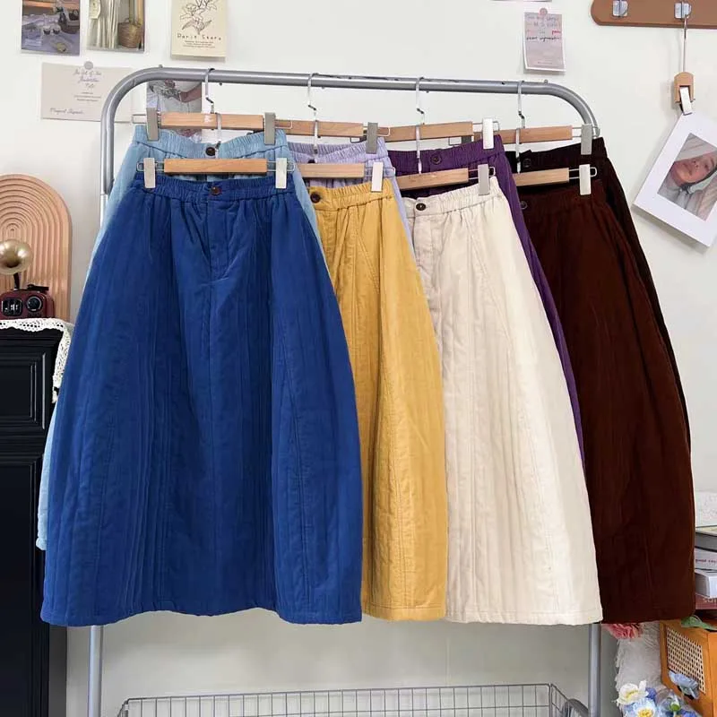 Autumn and Winter Thick Long Skirt Retro Japanese Half Skirt High Waist Warm Apricot New Cotton Loose Half Skirt