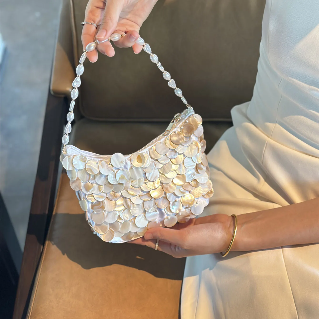 

French Retro Shell Beading Handbag Fashion Elegant Luxurious Design Vacation Style Women's Sequins Crossbody Evening Bag