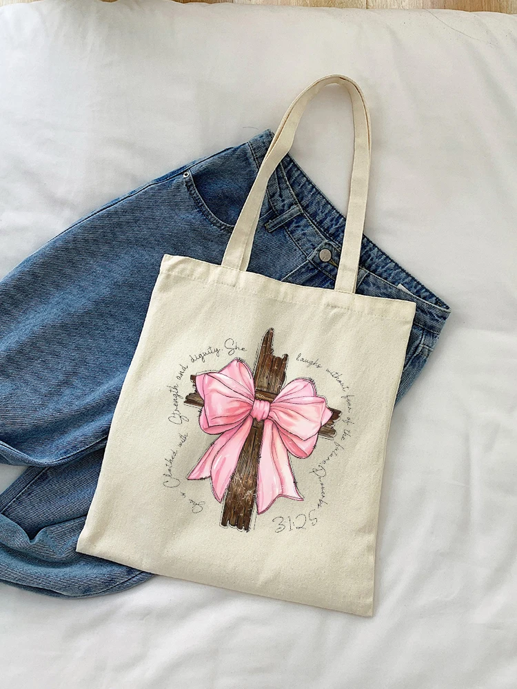 1pc Reusable Women Shopping Bag Canvas Bag Vintage Bow Cross Proverbs Christian Bible Verse Pattern Canvas Tote Bag Beach Bag