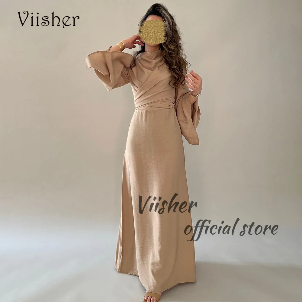 

Khaki Satin Mermaid Evening Prom Dresses Long Sleeve Dubai Arabic Formal Dress Floor Length Occasion Event Gowns