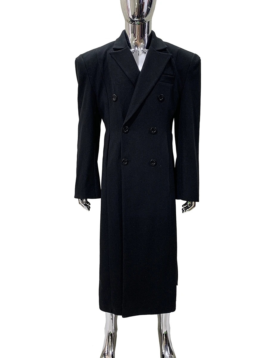 

Осенне-зимнее длинное теплое толстое приталенное черное шерстяное пальто для мужчин с двойными боковыми разрезами на подплечниках, роскошное шерстяное пальто 2025