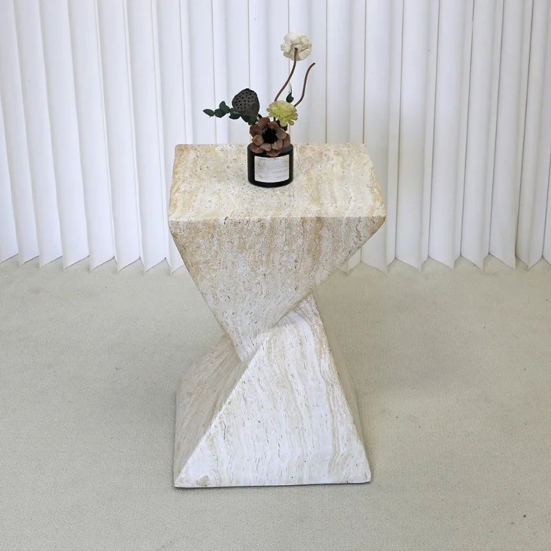 Mid-Century Modern Side Table,Magnesium Clay Travertine Effect Coffee Table, Vintage Accent Table for Living Room Balcony Corner