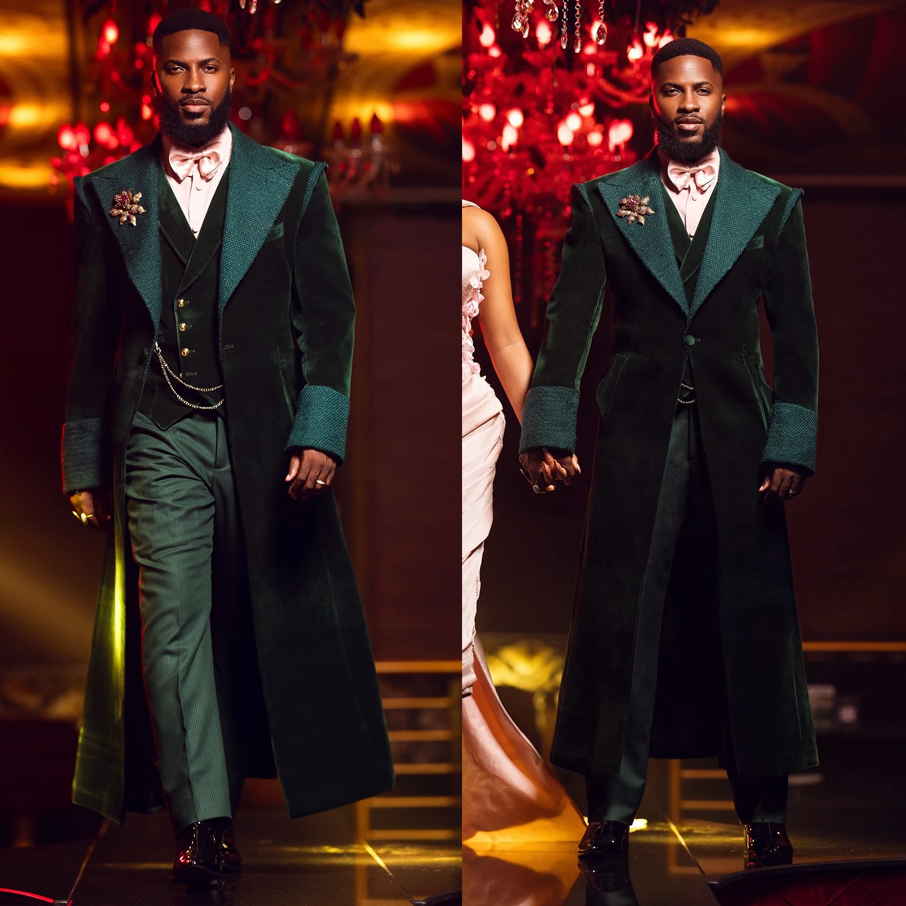 Luxury Dark Green Velvet Long Tuxedo Coat with Textured Lapel and Gold Brooch Men Gala Party Suit Customized E2709