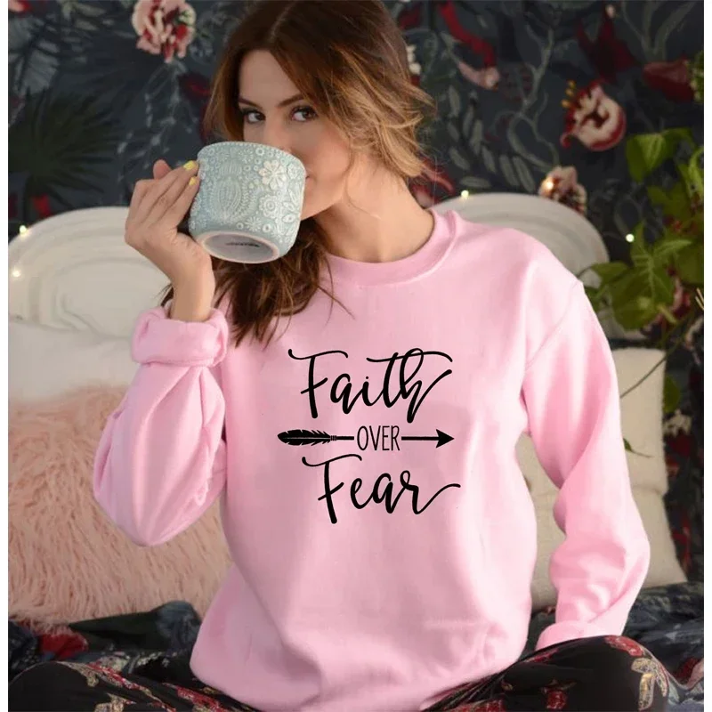 Women\'s Faith Over Fear Arrow Print Christian Sweatshirt Spring Autumn Religious Church Pullovers Casual Inspirational Hoodies