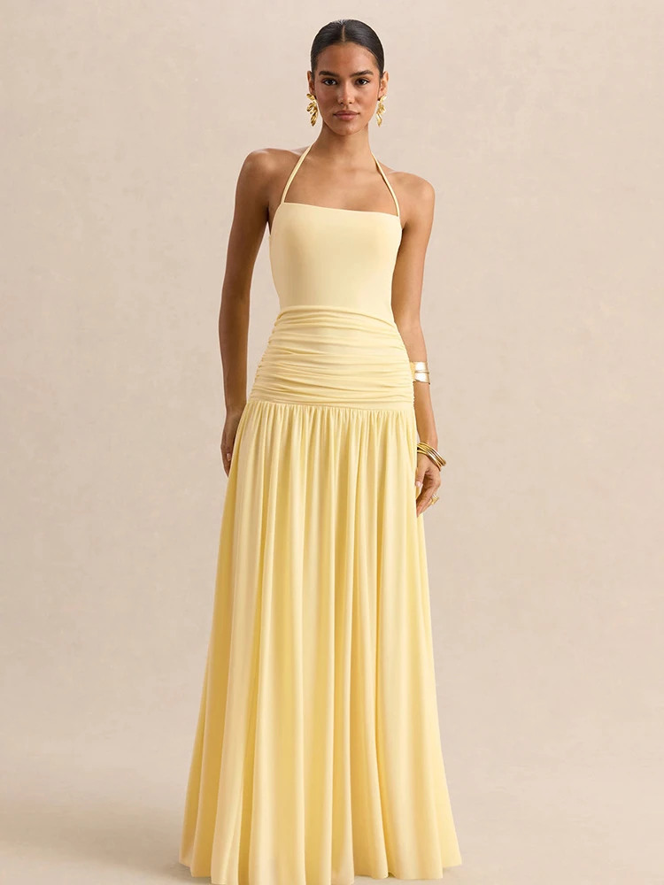 New Off The Shoulder Halter Maxi Dress Summer Women Backless Prom Gowns Fashion Elegant Sleveless Pleated Evening Long Dress