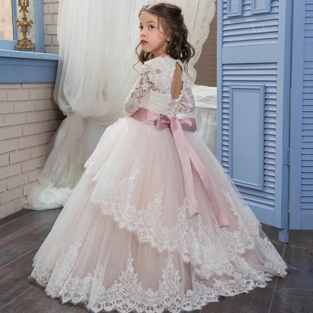 Nobel Beautiful Floor Length Flower Girls Lace Princess Evening Dress 2 to 12 Children Wedding Birthday Party Night Gown