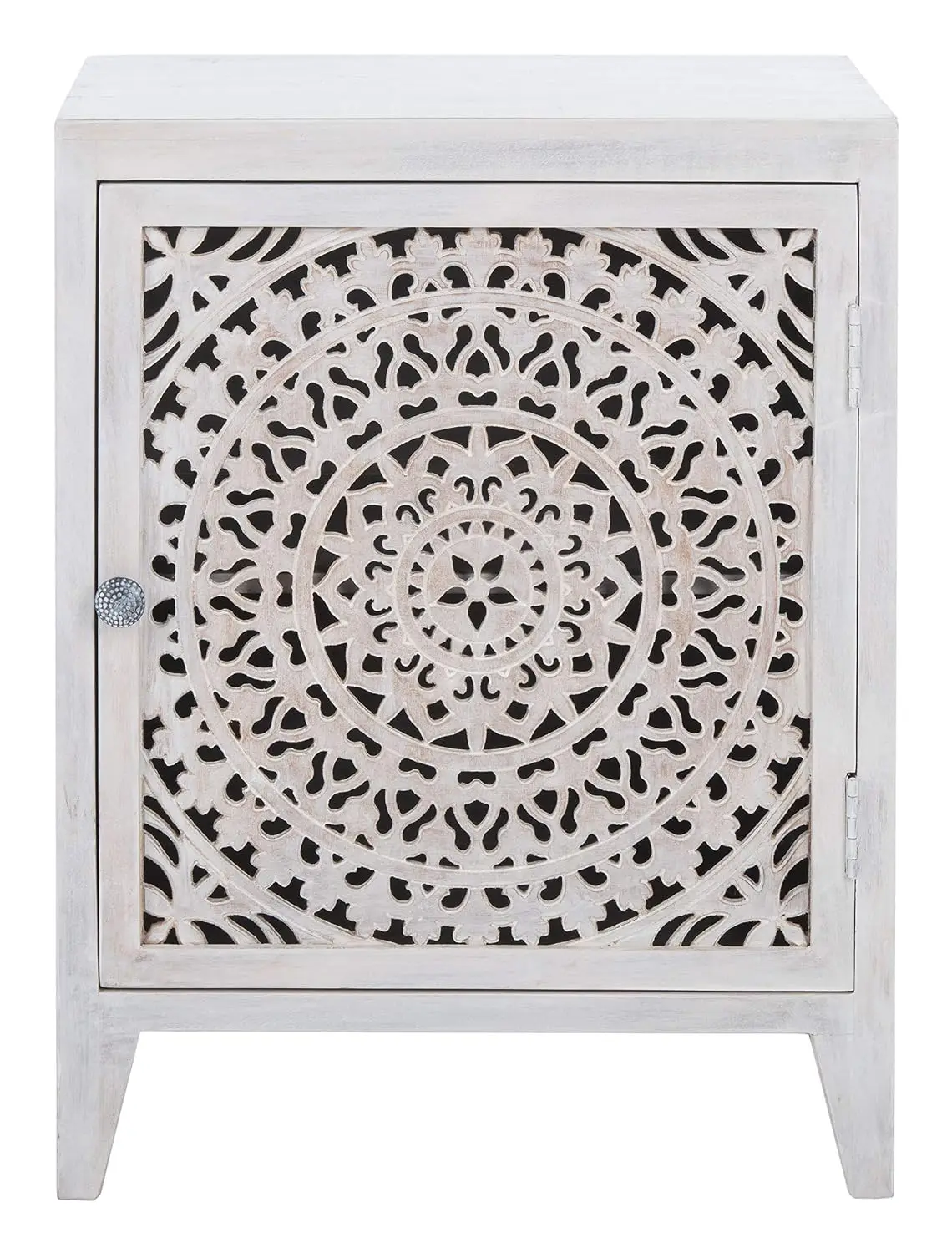 White Washed Mango Wood Nightstand with Carved 1-Door & Artisan Design for Bedroom, 20