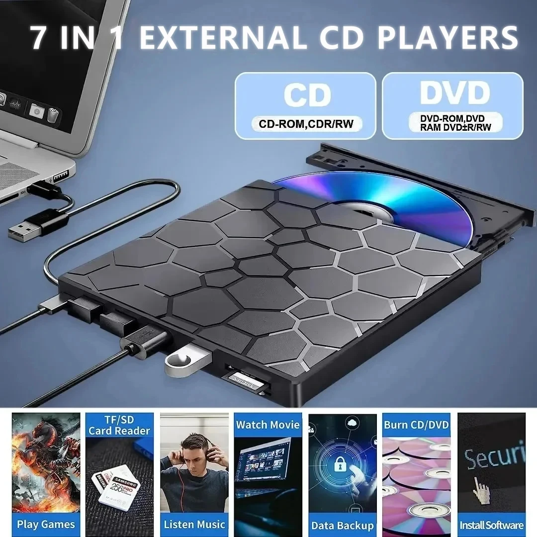 7-in-1 externes CD-DVD-Laufwerk USB 3.0 Typ C Tragbarer CD-Player DVD-Brenner Externes Festplatte für Laptop Desktop PC Mac Windows