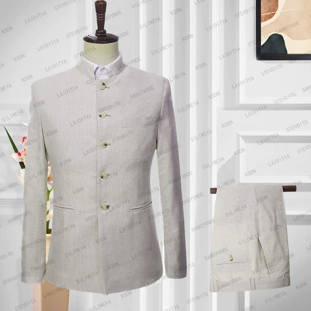

2023 New Popular Men's Suits Homme Khaki High End Linen Vertical Stripe Groom Slim Fit Tuxedo 2 Pcs Set Jacket Pants