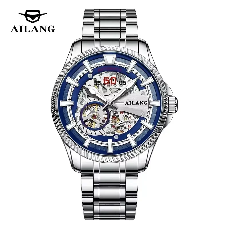 AILANG 8523 Automatic Mechanical Watch Skeleton Dial Luminous Markers Waterproof Black Stainless Steel Band Luxury Sport