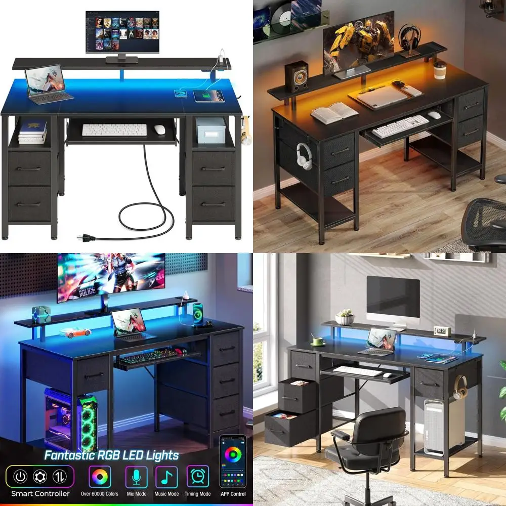 

Компьютерный стол 47,2 дюйма со светодиодной подсветкой и розетками, домашний офисный стол с 4 ящиками, письменный стол с выдвижной полкой для клавиатуры, учебный стол