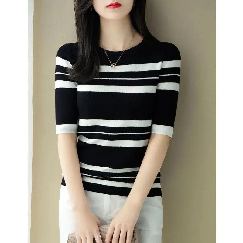 Women\'s Summer Pullover Round Neck Screw Thread Striped Short Sleeve Sweater Knitted Undershirt T-shirt Fashion Office Lady Tops