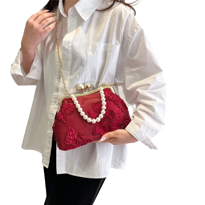 Women Fashionable Pearl Beaded Evening Bag with Chain Vintage Flower Purse Crossbody Handbag for Dinners and Celebration