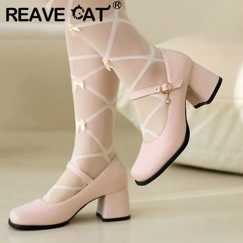 

REAVE CAT Brand Women Pumps Toe Chunky Heels 6cm Buckle Strap Concise Daily Soft Breathable Female Shoes Size 42 43