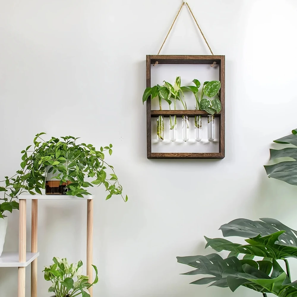 Modern Wall Hanging Plant Vase Wooden Frame Glass Test Tube Planter Propagation Hydroponic Plants for Home Office Decor