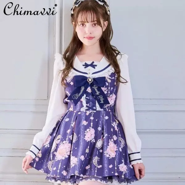 Japonês mina liz vestido define novo 2025 outono feminino gola de marinheiro bonito arco manga longa vestido impresso e shorts 2 peça terno
