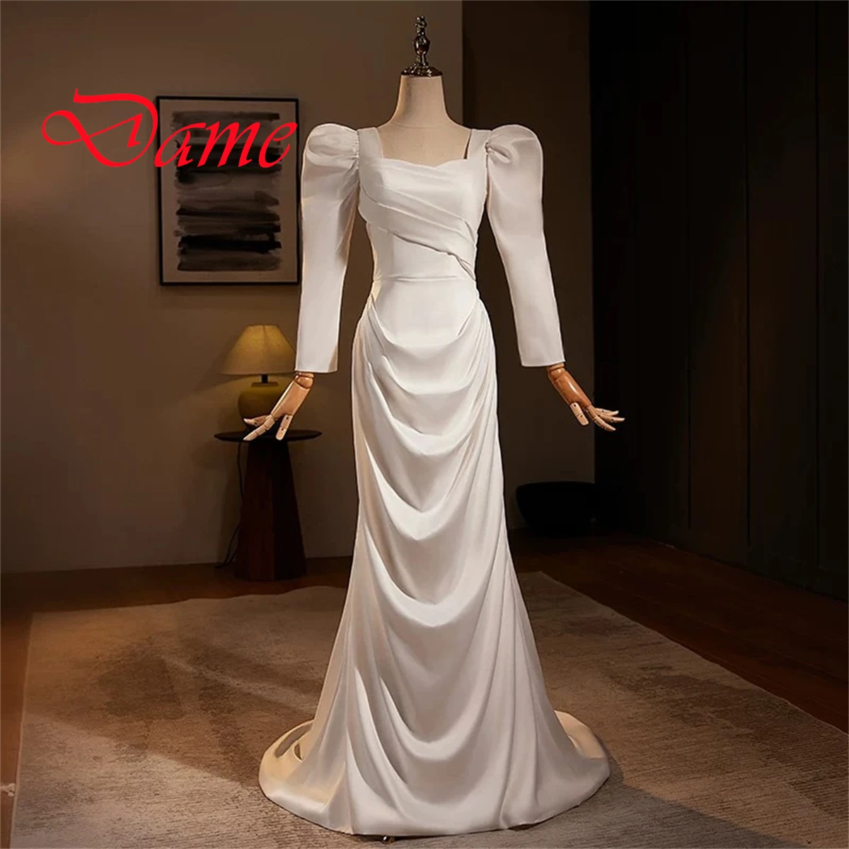 Customized Exquisite Ivory  Satin Evening Dress  Graceful Square Collar Puff Sleeves Long Sleeves Lace Up Back Wedding Dress