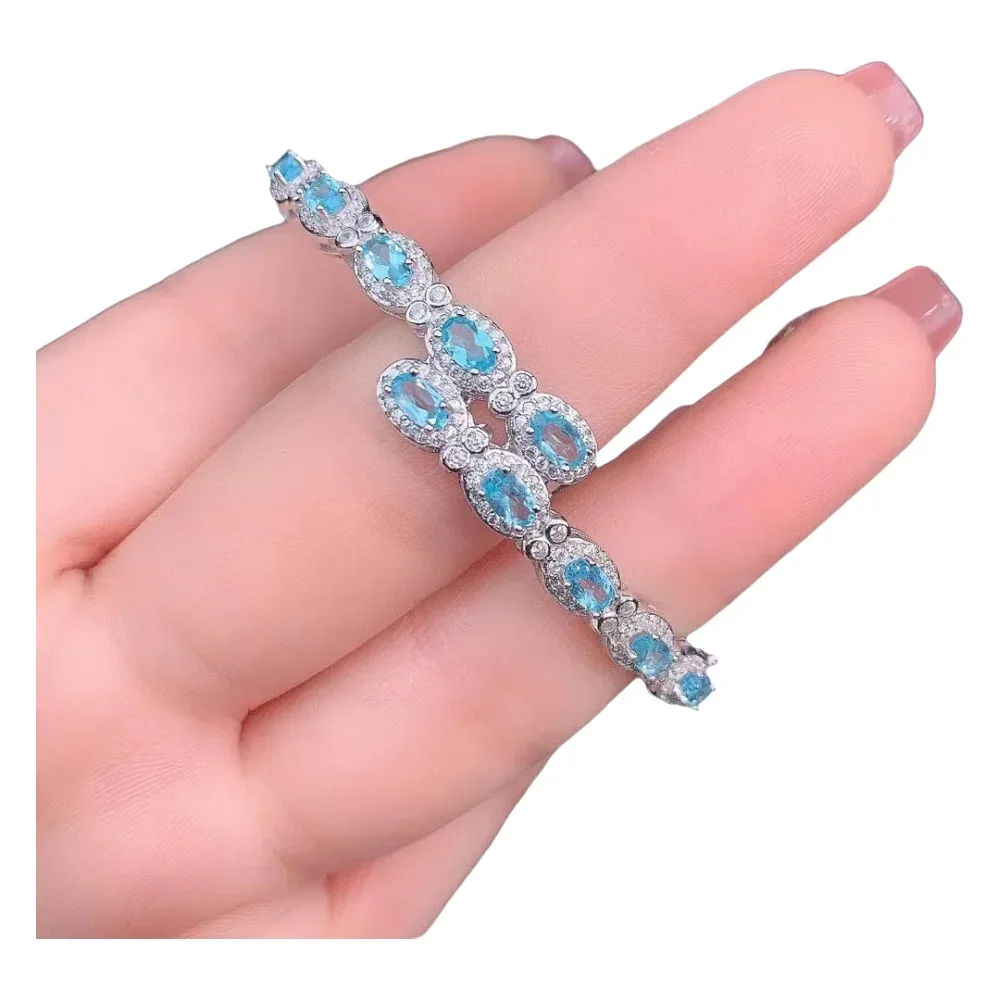 

925 Sterling Silver Inlaid with Natural Gemstones for Women, Luxury Popular Apatite Cuff Hand Bracelet, Support Detecti