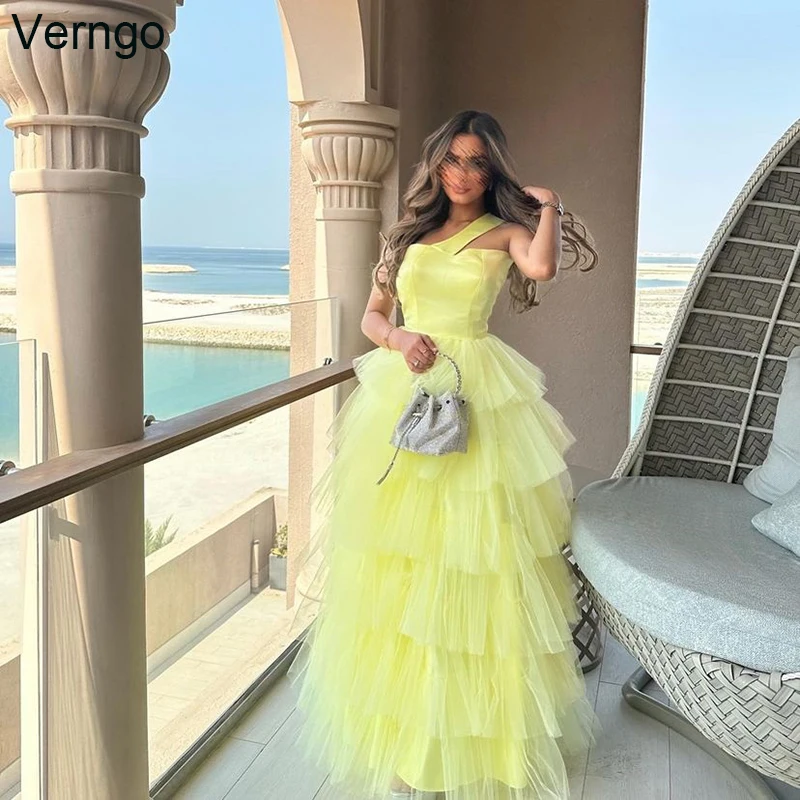 Verngo A-line Arabic Elegant Evening Party Dress One Shoulder Prom Gown Tiered Tulle Formal Occasion Dress Robes De Soirée