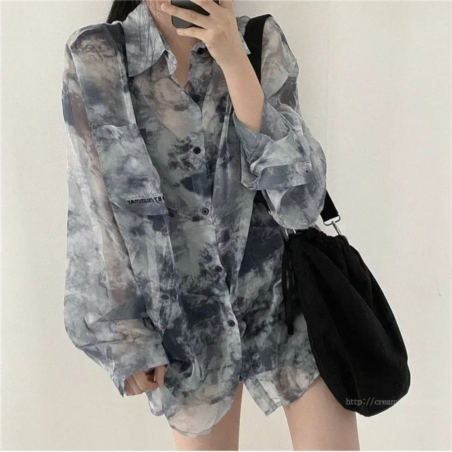 

Summer Tie-dyed Chiffon Shirt Loose Long-sleeved Thin Blouse Women Shirts Tops Mujer Casual Streetwear Draping See-through Top