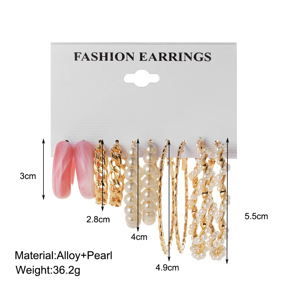 5-Piece Retro Exquisite Personalized Temperament Wrapped Imitation Pearl Earring Set Simple Powder AcrylicChainEarrings forWomen