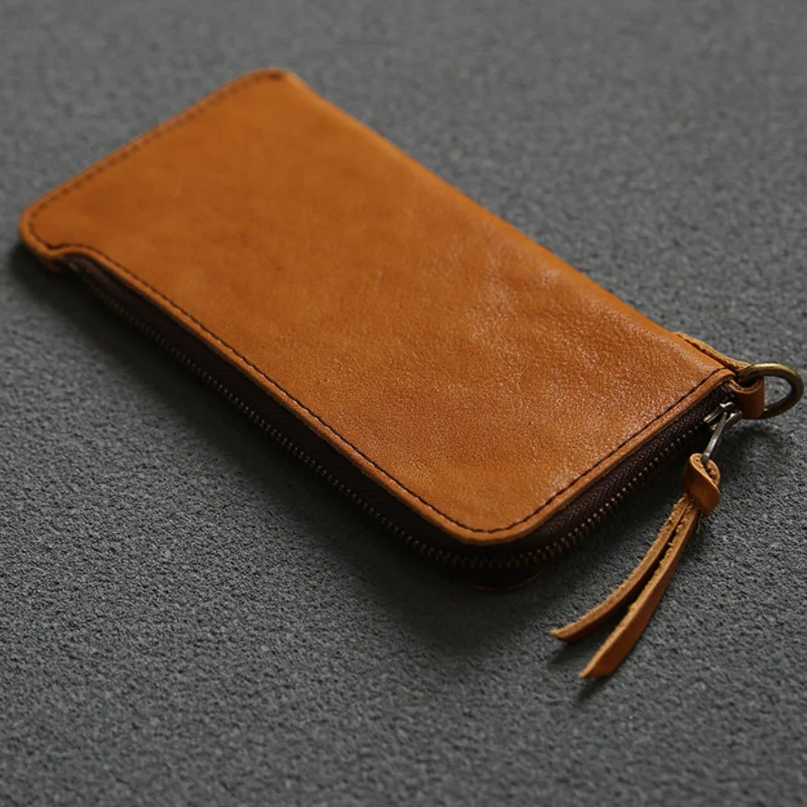 Retro Vegetable Tanned Top Layer Leather Wallet for Unisex YKK Zipper Long Genuine Leather Purse Multifunctional Coin Key Pouch