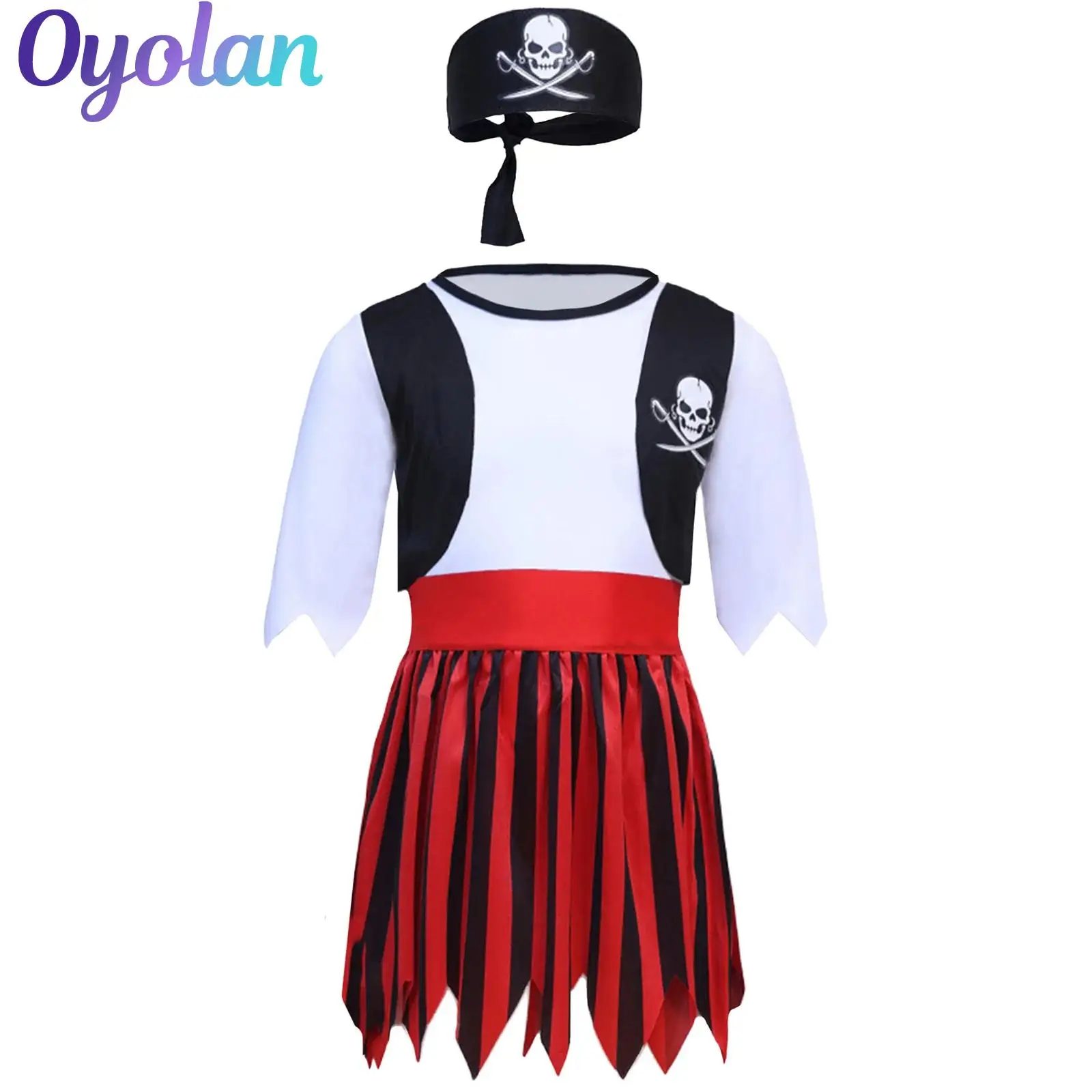 

Girls Pirate Captain Halloween Cosplay Costume Skull Print Ruffled Jagged Hem Dress with Matched Head Wear and Waist Belt