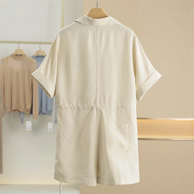 Summer New Women's One-Piece Suit ort Sve Dstring Collar Pure Color High Waist Straight Leg High Street Sle