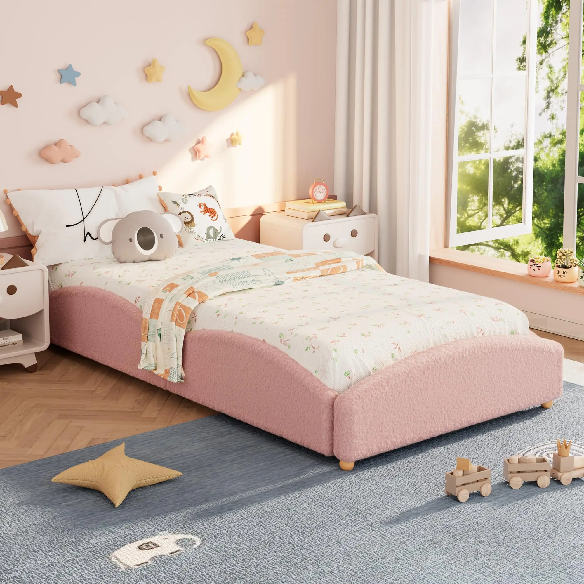 GarveeLife Kids Educational Floor Bed Frame, Upholstered Low-Profile Platform Daybed - Cloud Guardrails, Raised Sides, Wood Slats - Twin/Twin XL, Light Pink,GarveeLife