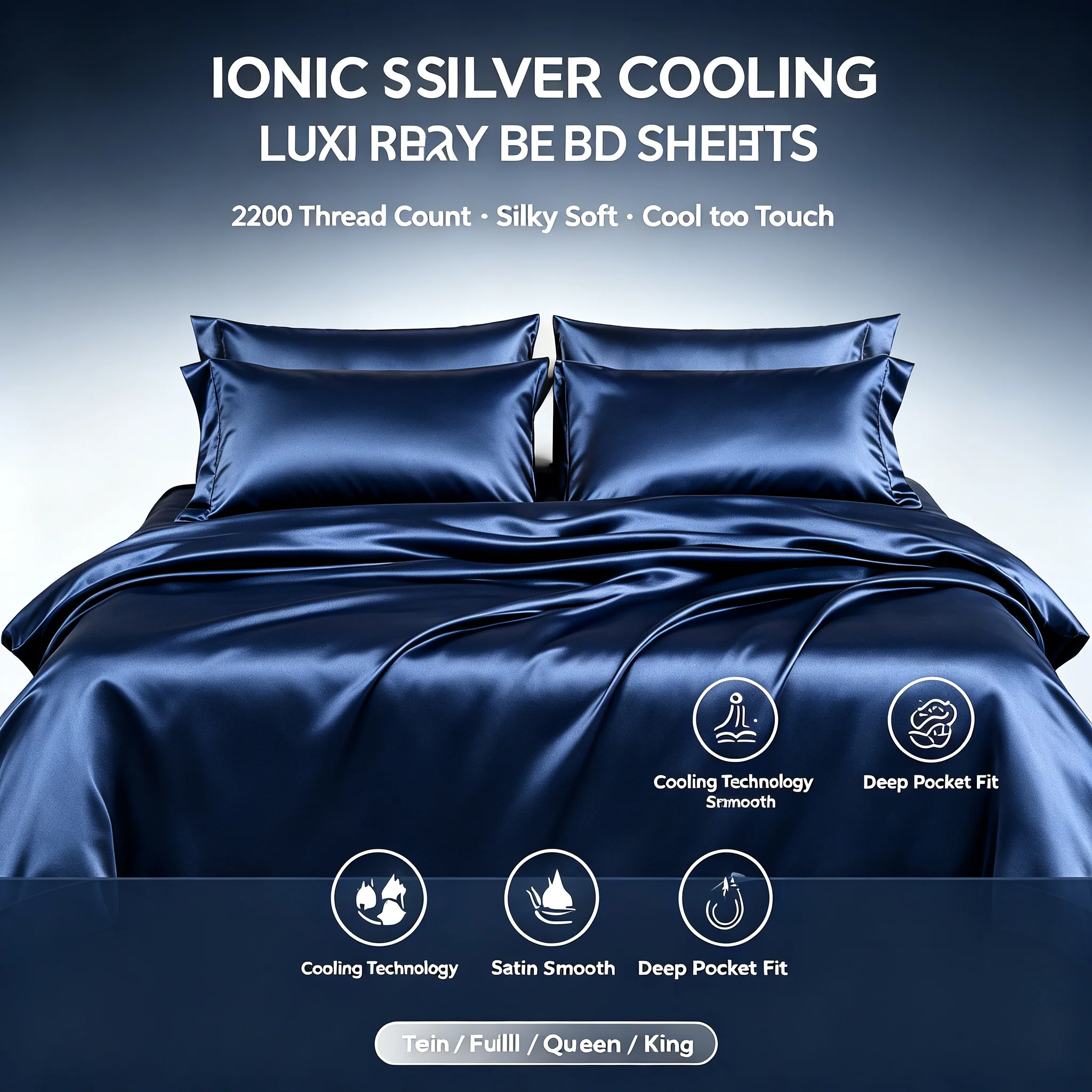 2200 Thread Count Ionic Silver Cooling Satin Bedding Set 4Pcs Luxury Hotel Silky Bed Sheet Set Deep Pocket Anti‑Pilling Bed Linen Twin Full Queen King Size Navy Blue Soft Breathable Bed Covers