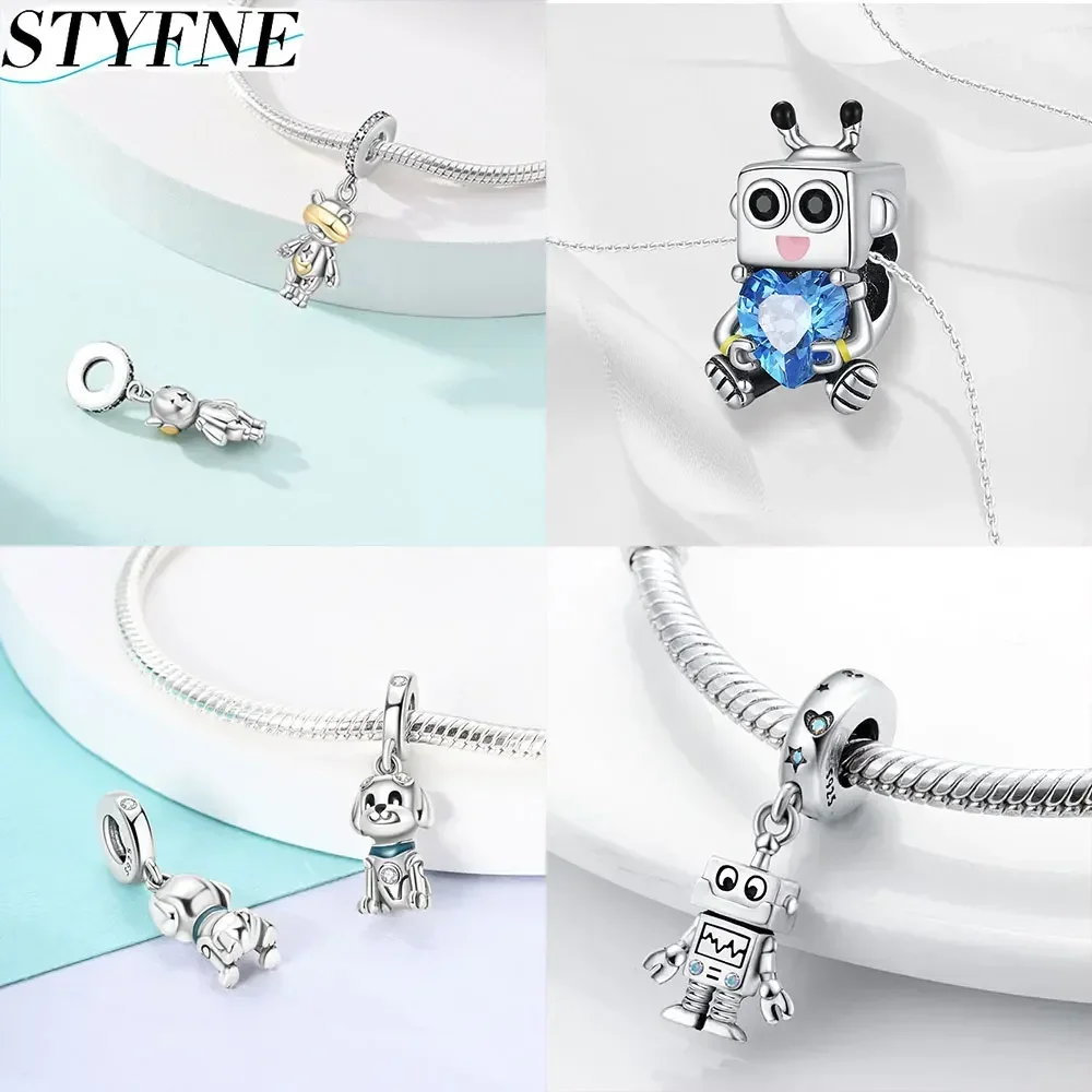 925 Sterling Silver Golden Robot Smart Expression Pink Enamel Craft Friendship Mascot for Women Diy Original Bracelet Jewelry