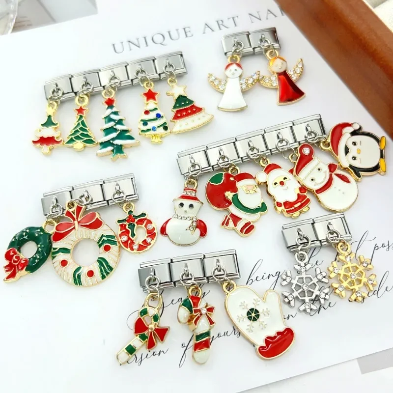 2024 Popular Christmas Tree Snowman Italian Elastic Charms Links Fit 9mm Modular Bracelet Stainless Steel DIY Jewelry Bulk