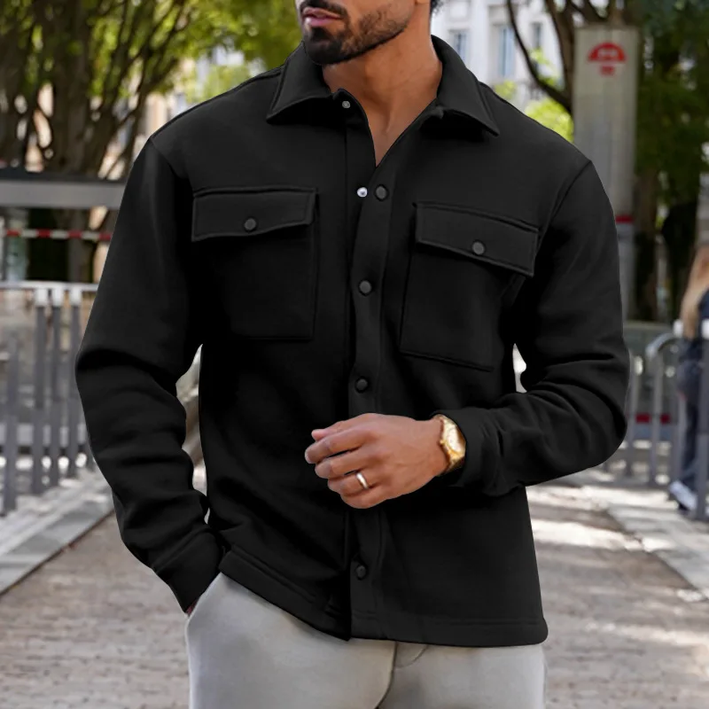 Men\'s Black Shirt Coats Winter Fleece Warm Jacket Shirts For Men Casual Two Pockets Fashion Daily Cargo Tactical Chemise Hombre