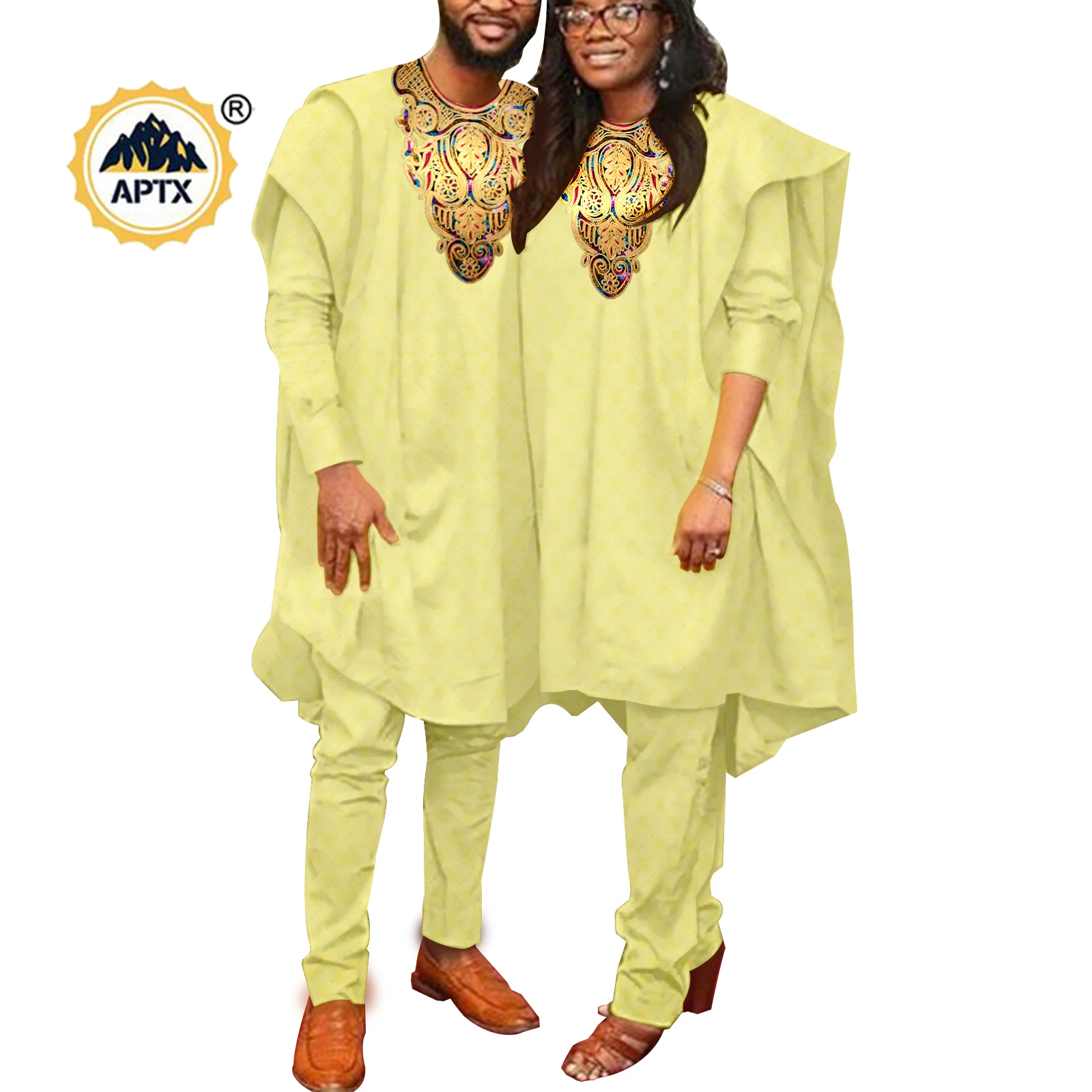 African Couples Clothes Bazin Riche Kaftan Women and Men 3 Pieces Set Vest + Shirts + Pants Ankara Gown Couple Outfit Y22C063