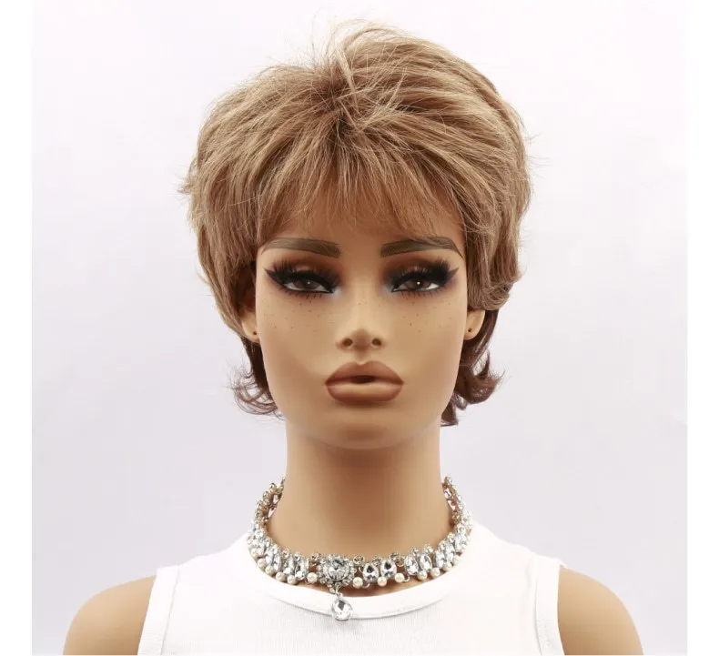 

European and American short wigs women's fashion gradual change golden brown short hair curls bangs chemical fiber full head cov