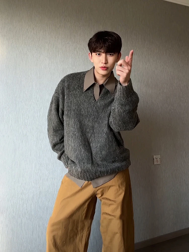 

Retro American Sle ey V-Ne Knitted Sweater Men's Autumn Winter Lazy Sle Sea Hair Coat Casual Loose Fit Comfortable