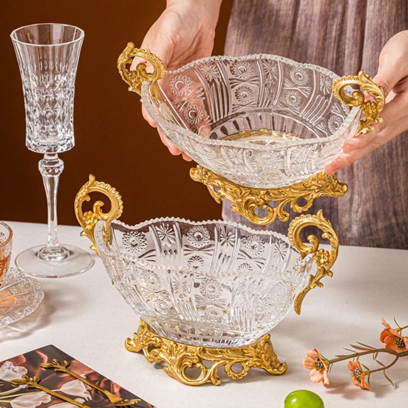 Crystal Glass Fruit Bowl Vintage Brass Fruit Plate Living Room Desktop Coffee Table Storage Tray Home Decoration Ornaments