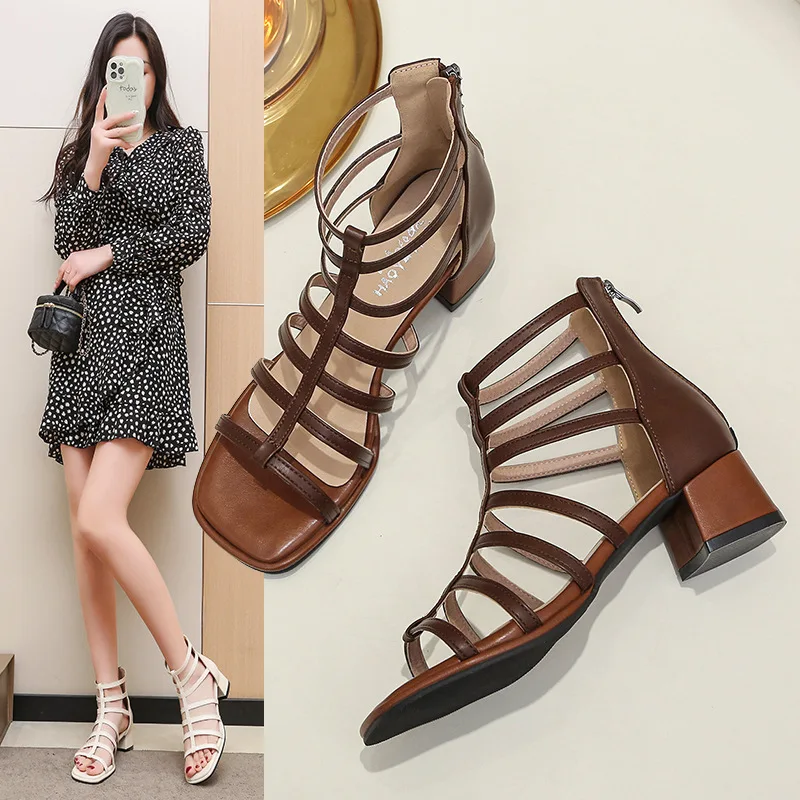 Women Summer New High-heeled Platform Boots Women Fashion Square Toe Hollowed  Out Sandals Solid Color Sexy Party Dress Sandals