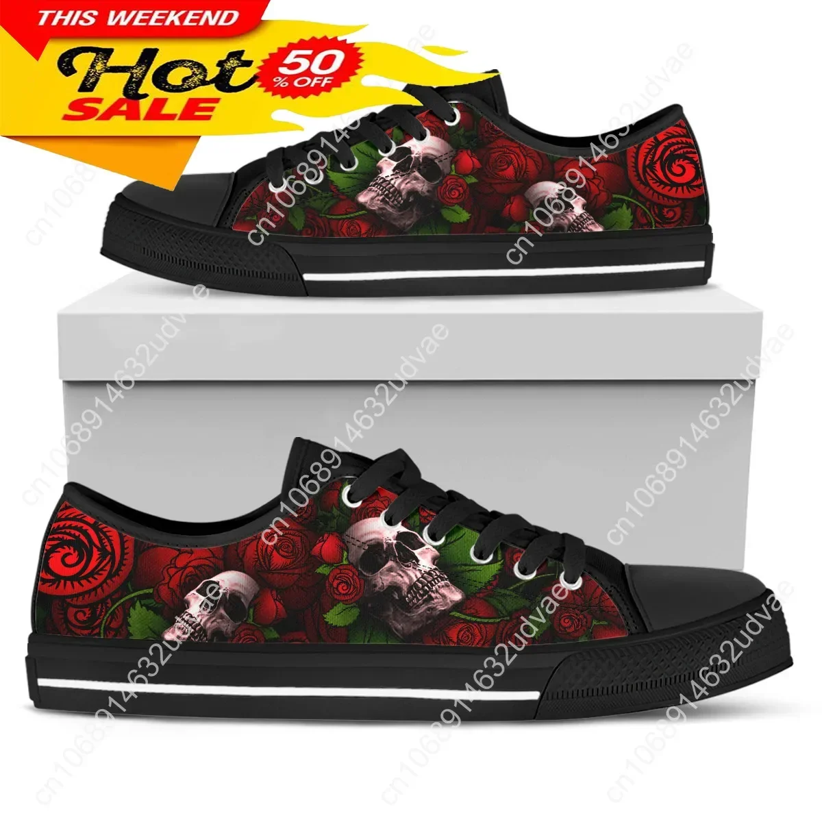 Baskets gothiques en toile pour femmes, chaussures plates vintage, impression tête de mort et rose en 3D, design de marque